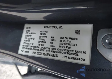 2023 Tesla Model 3 Rear-Wheel Drive z USA, uszkodzony, nr VIN 5YJ3E1EA5PF659807